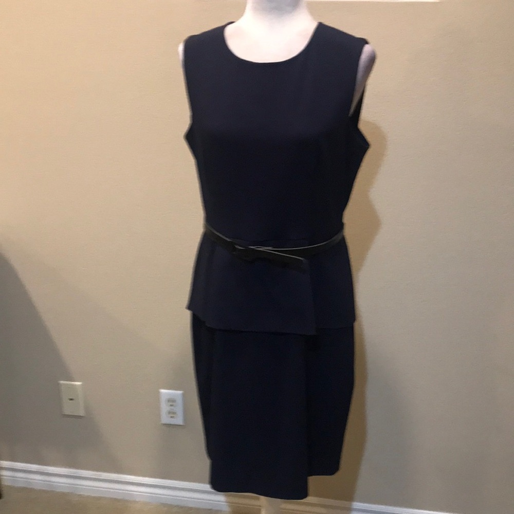 Calvin Klein Navy Blue Sleeveless Pleated Peplum Dress Zip Back Belted Waist-12